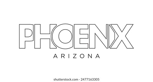 Diseño de eslogan tipográfico en Phoenix, Arizona, Estados Unidos. Logotipo de América con letras gráficas de ciudad para impresión y Web.