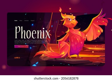 Phoenix banner with fenix in mountain cave with hot lava. Vector landing page with cartoon illustration of fairytale firebird with orange burning feathers in rock tunnel with molten magma