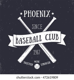 Phoenix Baseball club emblem, t-shirt print white on dark, vector illustration