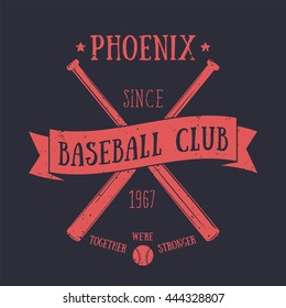 Phoenix Baseball club t-shirt print, red on dark, vector illustration