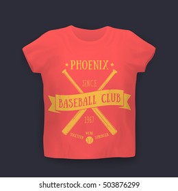 Phoenix Baseball club, t-shirt print on mockup, yellow on red