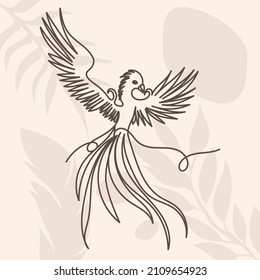 Phoenix Bird Drawing With A Continuous Line, On An Abstract Background, Vector, Isolated