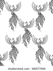 Phoenix Bird emblem drawn in tattoo style. Seamless pattern