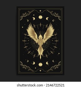 ave Phoenix en grabado, dibujado a mano, lujoso, esotérico, estilo boho, apto para espiritualistas, religiosos, paranormales, lector de tarot, astrólogo o tatuaje