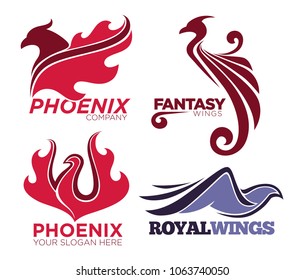 Phoenix bird or fantasy eagle logo templates set for security or innovation company.