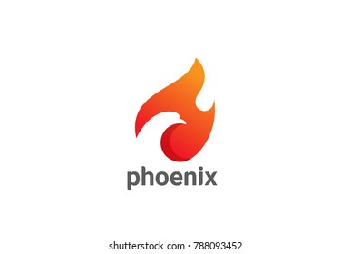 Phoenix Bird in Fire Flame Logo design vector template Negative space style.