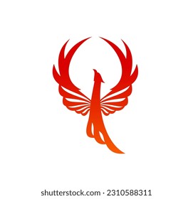 Phoenix bird with fire flames vector silhouette. Burning firebird, fenix or phoenix fantasy bird with raised wings. Abstract eagle or falcon with flaming feathers, wings and tail heraldic emblem