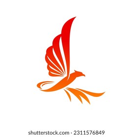 Icono de ave fénix, ave de fuego volando sobre alas de llama de fuego, símbolo de silueta vectorial. Fénix o halcón creativo, halcón y pájaro águila levantándose, signo de hotel, marca de moda o marca de lujo