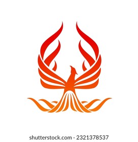 Icono de ave fénix o ave de fuego levantándose sobre alas de llama de fuego, símbolo vector. Falcon fenix o heráldico, silueta de halcón y águila para diseño creativo estudio, emblema de hotel y marca de moda