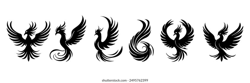 Phoenix Bird Icon Logo Tato Silhouette Set Collection template