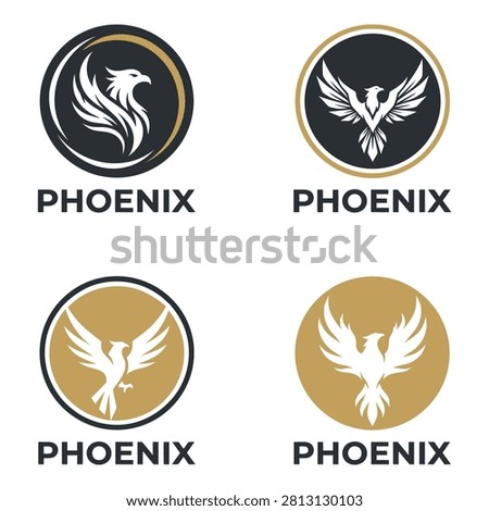 Phoenix bird logo designs with different gold and black color schemes four variations icon