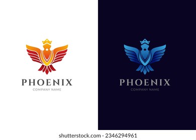 Diseño del icono del logo de Phoenix Bird con el símbolo de la corona. logotipo del rey del águila volante