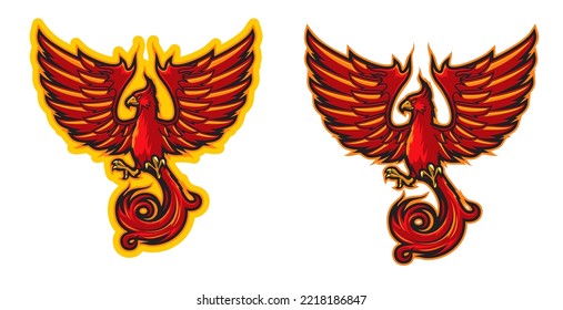 Phoenix bird mascot, sport team or club vector badge. Sport team or club mascot emblem with phoenix red fire bird with long curly tail and big red wings