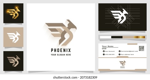 Plantilla de logotipo de monograma de ave Phoenix con diseño de tarjeta de visita