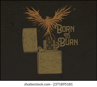 phoenix bird on lighter vector artwork, fire bird drawing, vintage typography design for t shirt, poster, sticker, embroidery, old metallic lighter vector, illustrat3 