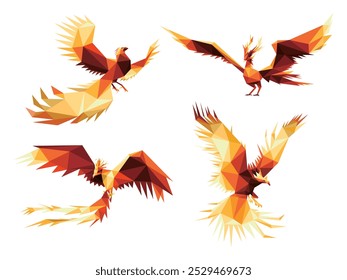 Phoenix Bird in Polygon Vector Set. Flying Phoenix Abstract Triangle Logo. Collection of Flying Phoenix Low Poly. Fenix Bird Polygon Logo