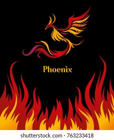 Phoenix bird poster on black background with exclusively drawn lettering.  Bird flying in flames of fire. Vector illustration with typographic title for prints, banners, t-shirts and bags.