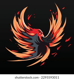 A phoenix bird with red and orange feathers on a black background