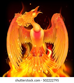 A phoenix bird rising from flames, fire and ashes