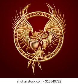 Phoenix Bird with rising wings in a circle. Ancient symbol of revival. 