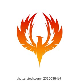 Phoenix bird rising wings with fire flames and burning feathers. Vector silhouette of flying fenix or phoenix. Flaming firebird, abstract eagle or falcon heraldic emblem with fantasy mythical animal