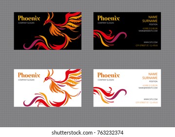 Phoenix bird. Set of two-sided business cards templates on white and black background. Vector fire bird illustration and exclusively drawn company name. Typographic solution for branding purposes.