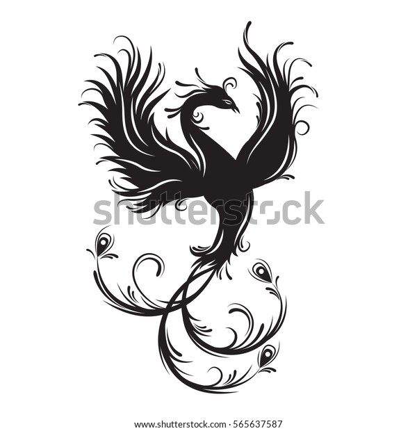 フェニックスの鳥のシルエット 不滅の象徴 炎の鳥 部族のベクターイラスト 白い背景に のベクター画像素材 ロイヤリティフリー