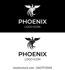 Phoenix bird in simple black logo design with outstretched wings and flowing curved lines tail