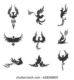 Phoenix bird stylized silhouettes icons on white background. Logo template in the form of a burning flying phoenix. The concept of growth, strength and freedom. 