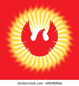 Phoenix bird and sun background. Vector symbol of revival and light