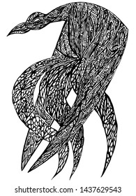 Phoenix bird vector black line ornament. Tattoo art style.