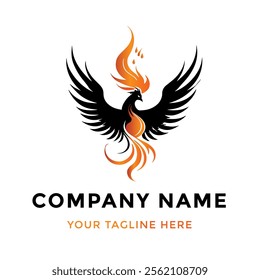 Phoenix Bird Vector Illustration. Tattoo style fire bird emblem in flames. Black and white silhouette logo artwork. Mythical symbol of freedom, rebirth, and rising.