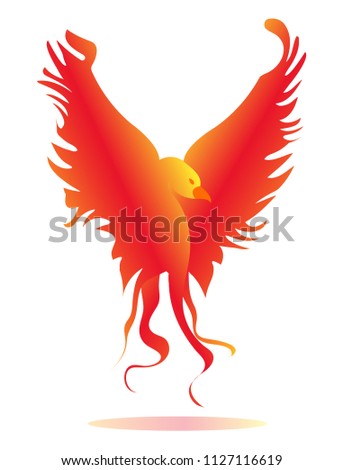 Phoenix Bird Vibrant Flame. Modern flat cartoons vector illustration icons. Isolated on white. Fantastic mythological animal,creature. Phoenix Fire bird. Firebird is Russian fairy tales.Fire Phoenix