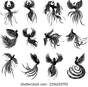 phoenix birds, firebird set silhouette isolated, vector