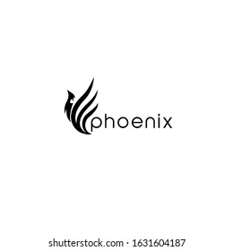 Phoenix black silhouette and round lettering on white background. Logo design and brand identity sign representing power and reborn. Wings in the shape of fire. Optimistic vision.