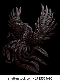 Phoenix. Black and white, graphic, digital drawing of the phoenix bird on a black background. Vector graphics. Separate layers.