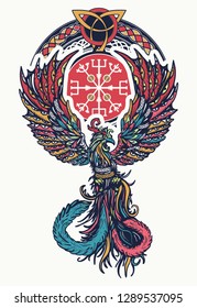 El estilo celta fenix. Tatuaje mágico de los pájaros de fuego y diseño celta de pantalones. Símbolo de reactivación, regeneración, vida y muerte