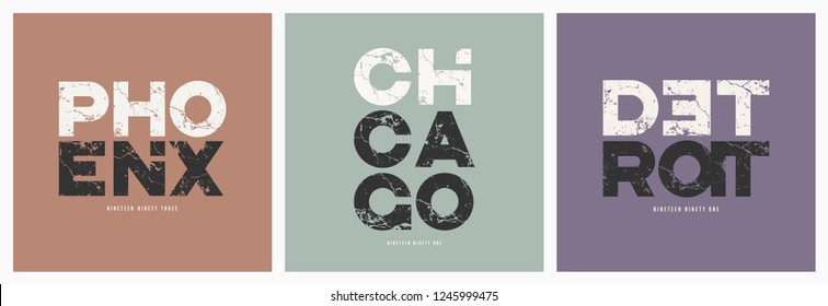 Phoenix Chicago Detroit cities t-shirt and apparel vector grunge designs.