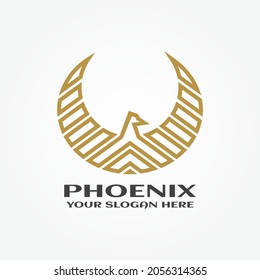 Phoenix circle mosaic logo design. Eagle falcon symbol. Line gold bird