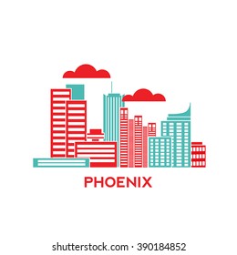 Phoenix city architecture retro vector illustration, skyline city silhouette, skyscraper, flat design