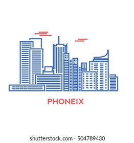 Phoenix city architecture retro vector illustration, skyline city silhouette, skyscraper, stroke design