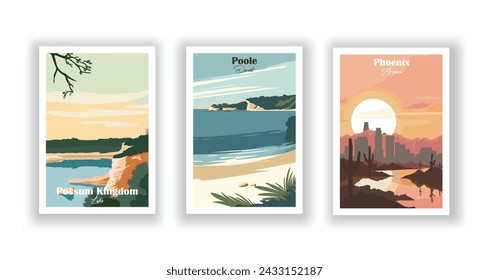 Phoenix City in Arizona. Poole, Dorset. Possum Kingdom, Lake - Set of 3 Vintage Travel Posters. Vector illustration. High Quality Prints