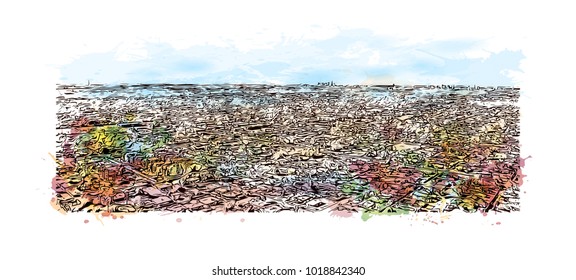 Phoenix City in Arizona, USA. Watercolor splash with Hand drawn sketch illustration in vector.