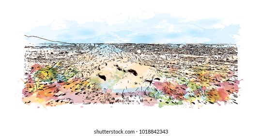 Phoenix City in Arizona, USA. Watercolor splash with Hand drawn sketch illustration in vector.