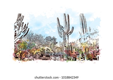 Phoenix City in Arizona, USA. Watercolor splash with Hand drawn sketch illustration in vector.