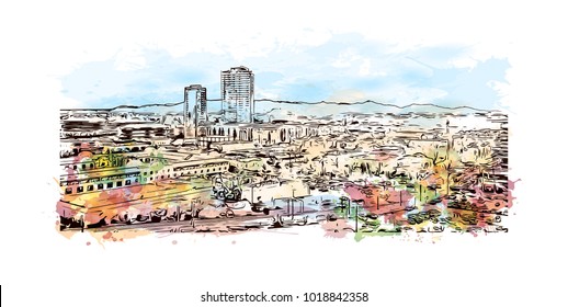 Phoenix City in Arizona, USA. Watercolor splash with Hand drawn sketch illustration in vector.