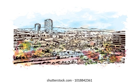 Phoenix City in Arizona, USA. Watercolor splash with Hand drawn sketch illustration in vector.