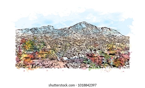 Phoenix City in Arizona, USA. Watercolor splash with Hand drawn sketch illustration in vector.