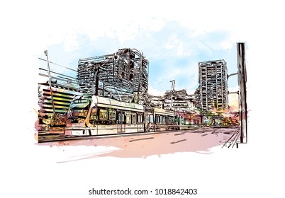 Phoenix City in Arizona, USA. Watercolor splash with Hand drawn sketch illustration in vector.