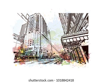 Phoenix City in Arizona, USA. Watercolor splash with Hand drawn sketch illustration in vector.